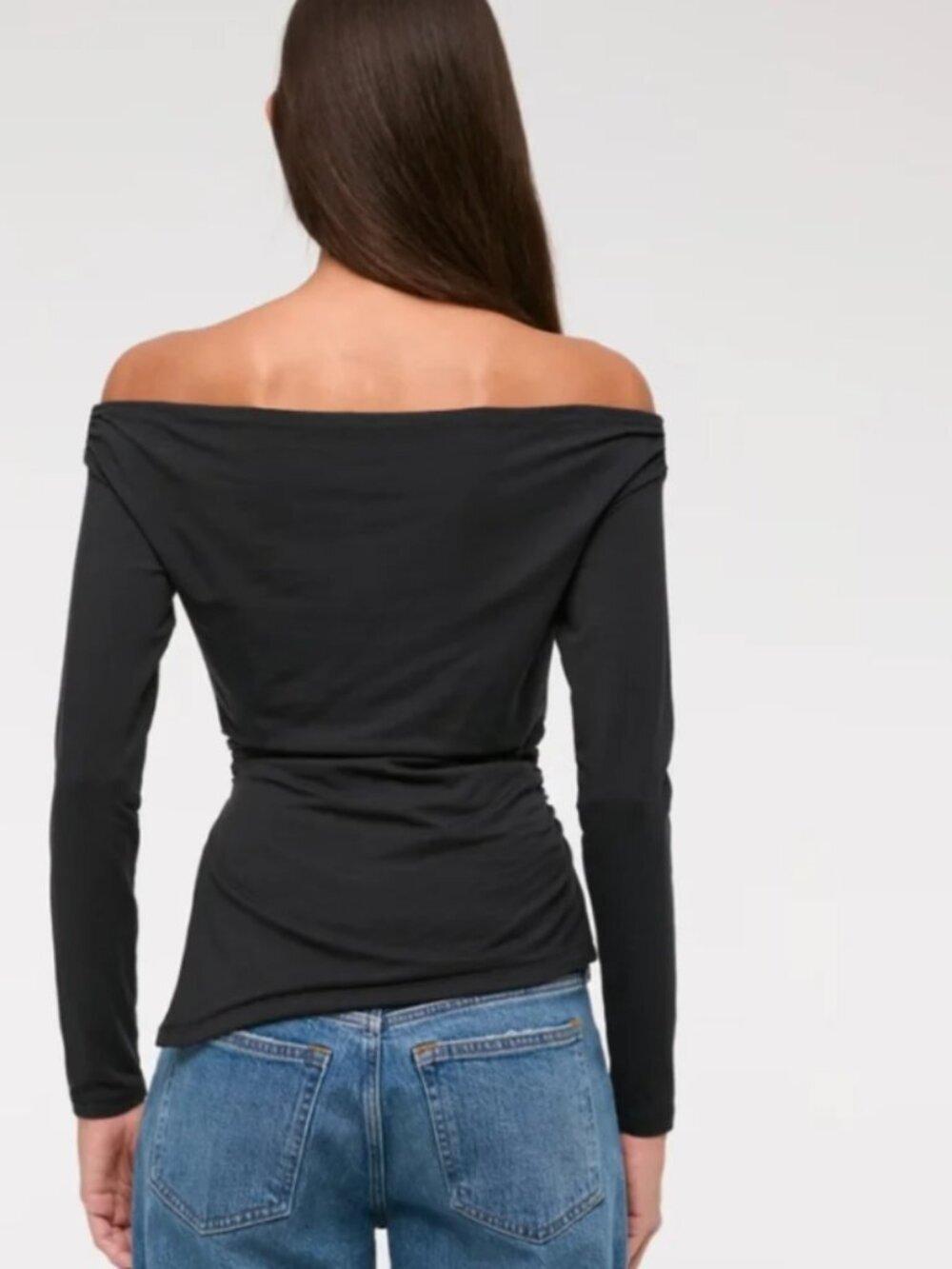 Abercrombie Modal Blend Black Draped Off The Shoulder Long Sleeve Top Medium - Picture 2 of 8